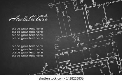 Architecture abstract background for design. Architectural drawings white chalk on black blackboard. Graphic design elements. Detailed plan. Architecture concept. Detailed grunge texture background