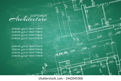 Architecture abstract background for design. Architectural drawings white chalk on black blackboard. Detailed plan. Graphic design elements. Architecture concept. Detailed grunge texture background