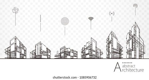 Architecture Abstract Building Perspective Lines, Modern Urban Architecture Abstract Background.