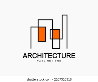 Architecture abstract logo in orange. Simple vector with lines that form a building or apartment. Design for company, architecture, developer, residence. 