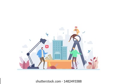 Architecture Agency Vector Illustration Concept Showing architect and Draftman planing for building large office space, Suitable for landing page, ui, web, App intro card, editorial, flyer, and banner