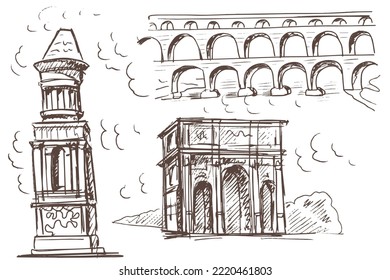 
Architecture of ancient rome sketch arch viaduct bridge tower bell tower hand drawn separately on white background elements antiquity architectural monuments