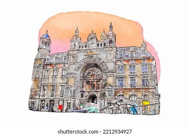 Architecture antwerpen belgium watercolor hand drawn illustration isolated on white background