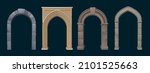 Architecture arches with stone columns, antique gates for interior or exterior with pillars, palace or castle archway decorative frames. Portal entrance, antique doorways Cartoon vector illustration