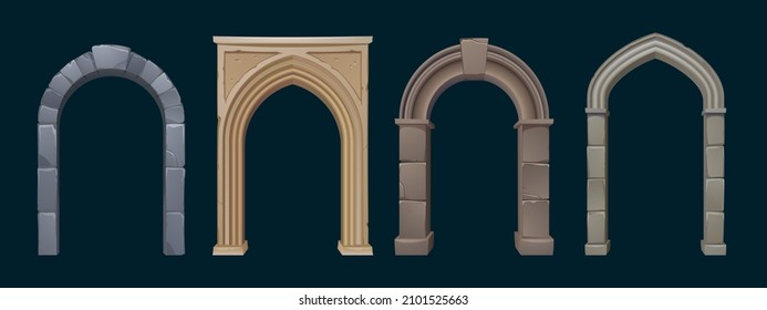 Architecture arches with stone columns, antique gates for interior or exterior with pillars, palace or castle archway decorative frames. Portal entrance, antique doorways Cartoon vector illustration - Shutterstock ID 2101525663