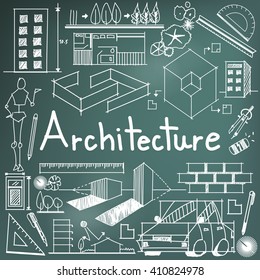 Architecture and architect design profession and building exterior blueprint handwriting doodle tool sign and symbol in blackboard background for education subject or presentation title (vector)