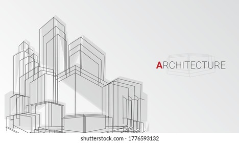 Architecture. Architectural Abstract Drawing Of Modern City Building Plan On Gray Background. Vector Illustration. Panorama