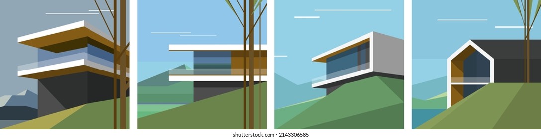 Architecture art. Modern scandinavian house on the hill. Scandinavian landscape. Set of vector illustration. 