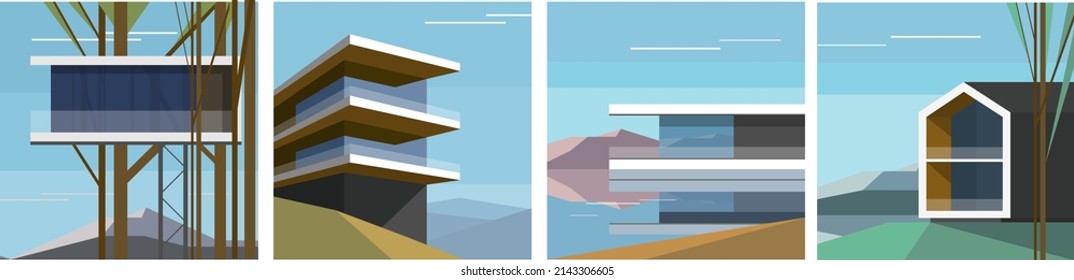 Architecture art. Modern scandinavian house on the hill. Scandinavian landscape. Set of vector illustration. 