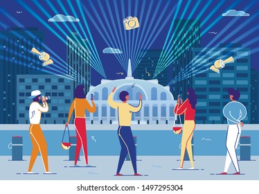 Architecture Attraction. Historical Building Facade Lighting. Night Light Show Vector Illustration. People Look, Woman Take Picture Photo. Culture Travel Tourism. Famous Opera Theatre Landmark