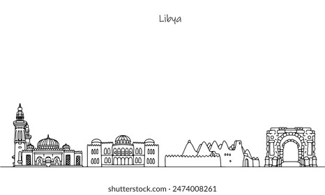 Arquitectura y atracciones que se pueden ver en Libia. Lugares favoritos para los turistas. Ilustración en blanco y negro con las vistas del país. Ilustración vectorial.