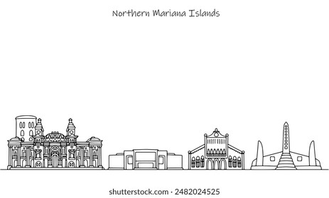 Architecture and attractions that can be seen in the Northern Mariana Islands. Buildings reflecting history and culture. Black and white illustration for use in tourism.