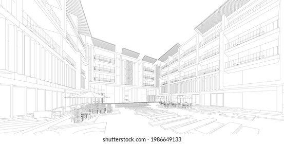 Fondo de arquitectura. Perspectiva 3d Alambre de diseño de edificio.