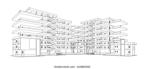 Architecture background. Perspective 3d Wireframe of building.