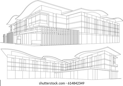 Architecture background. Perspective 3d Wireframe of building.