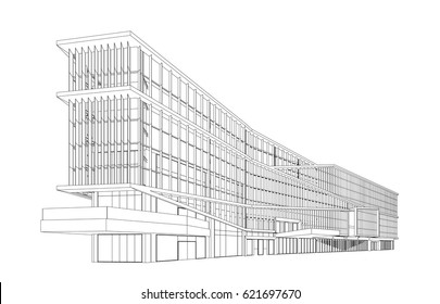 Architecture background. Perspective 3d Wireframe of building.