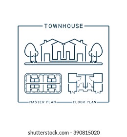 Architecture background with townhouse  in trendy linear style.Template for Architecture Company,Architecture studio.Townhouse plan,masterplan.Background,cover,invitation.Vector illustration