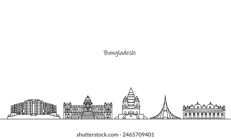 Architecture of Bangladesh. Sights of the Asian state. Cityscape drawn with black lines. Isolated vector on white background.