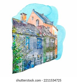 Architecture bergen hordaland watercolor hand drawn illustration isolated on white background