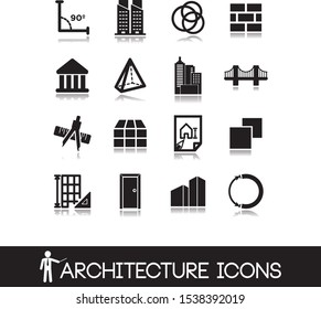 Architecture black icons with reflection. Vector set constructions, real estate.