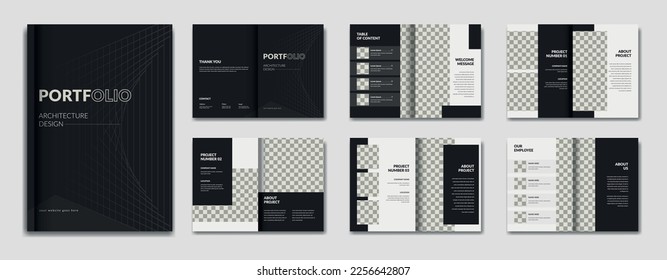 Arquitectura plantilla de diseño de portafolio en blanco y negro, arquitectura y diseño de portafolio profesional interior, plantilla lista para imprimir, un folleto de tamaño estándar para la cartera de arquitectura