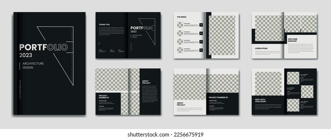 Architecture black and white portfolio design template, architecture and interior professional portfolio layout, print ready template, a4 standard size brochure for architecture portfolio