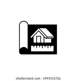 Architecture blueprint, construction, design icon in solid black flat shape glyph icon, isolated on white background 