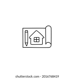 Architecture blueprint construction icon  in flat black line style, isolated on white background 