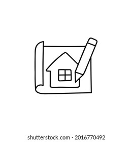 Architecture blueprint construction icon  in flat black line style, isolated on white background 
