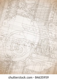 Architecture Blueprint - Hand draw sketch ionic architectural order based "The Five Orders of Architecture" is a book on architecture by Giacomo Barozzi da Vignola from 1593. Vector illustration.