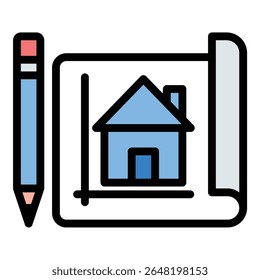 Ícone de plano de arquitetura ilustração de estilo de linha plana representando o planejamento estrutural e os conceitos de projeto, adequado para apresentações de construção, engenharia e projeto de arquitetura