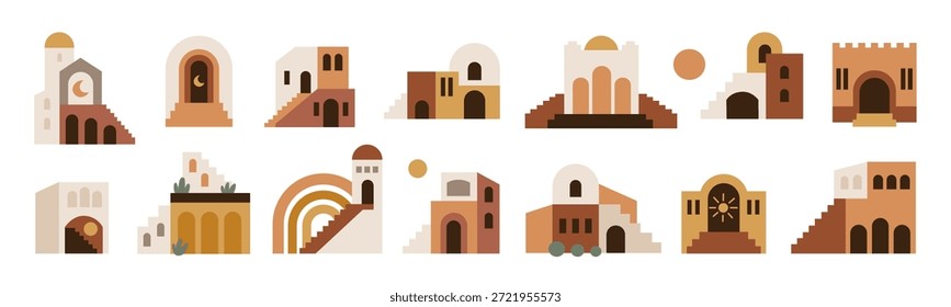 Elementos bohemios de arquitectura. Formas de construcción contemporáneas, composiciones minimalistas boho geométricas, iconos decorativos de la ciudad plana, casas de geometría arqueada y abovedada con escaleras Vector chillón aislado conjunto