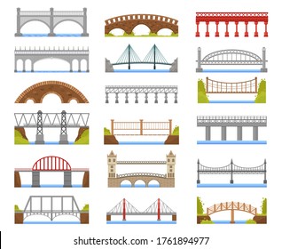 Architecture bridge. Urban river bridge building, arch, cable-stayed, beam and suspension bridges isolated vector illustration set. Bridge arch building, architecture construction collection