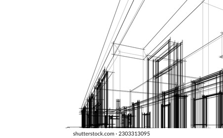 Architecture building 3d drawing vector illustration