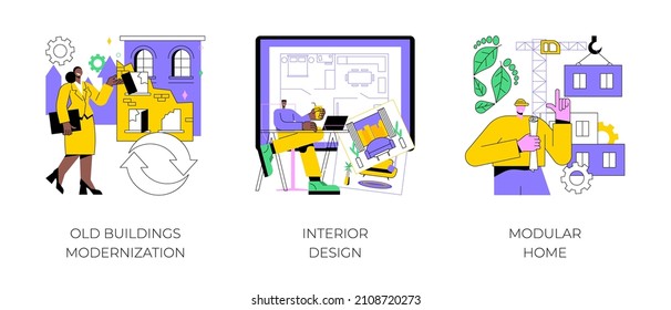 Architecture And Building Abstract Concept Vector Illustration Set. Old Buildings Modernization, Interior Design, Modular Home, Design Studio, House Decoration, Green Construction Abstract Metaphor.