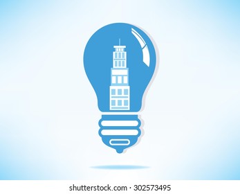 Architecture building in blue light bulb. Vector Illustration.