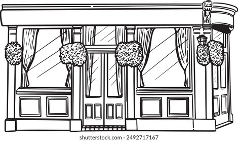 Architecture building of cafe line drawing isolated on white background.