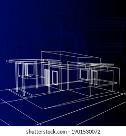 Architecture building construction line art design wallpaper. Home graphic 3d wireframe drawing background.