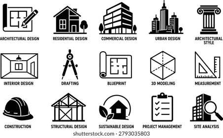 Architecture and Building Design Services Icon Set, Construction Planning Vector Collection, A comprehensive icon set representing architecture, engineering, construction planning, drafting, blueprint creation, 3D modeling, measurement, and project management services. Suitable for architectural firms, engineering companies, and construction-related presentations