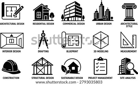 Architecture and Building Design Services Icon Set, Construction Planning Vector Collection, A comprehensive icon set representing architecture, engineering, construction planning, drafting, blueprint creation, 3D modeling, measurement, and project management services. Suitable for architectural firms, engineering companies, and construction-related presentations