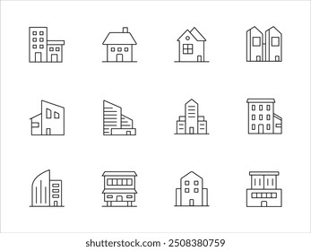 Iconos aislados de los Elementos del edificio de la arquitectura fijados en el fondo blanco. golpe expandido. diseño e ilustración del Vector para el App móvil del Sitio web