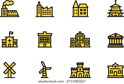 Architektur- und Gebäudesymbolsatz - Wahrzeichen, Strukturen, städtische Einrichtungen und historische Denkmäler
