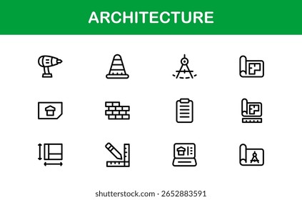 Architecture and Building Line Icon Set – Modern Professional Vector Icon Collection for Architects and Construction Design Projects
