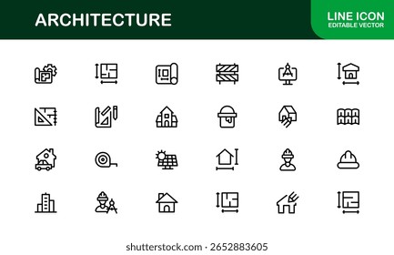 Conjunto de iconos de líneas de arquitectura y construcción: Colección de iconos de Vector de Profesional moderno para arquitectos y proyectos de diseño de construcción