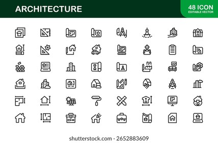 Architecture and Building Line Icon Set – Modern Professional Vector Icon Collection for Architects and Construction Design Projects