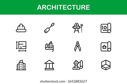 Conjunto de iconos de líneas de arquitectura y construcción: Colección de iconos de Vector de Profesional moderno para arquitectos y proyectos de diseño de construcción