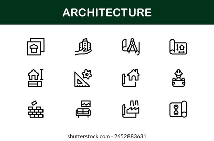 Conjunto de iconos de líneas de arquitectura y construcción: Colección de iconos de Vector de Profesional moderno para arquitectos y proyectos de diseño de construcción