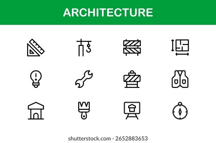 Architecture and Building Line Icon Set – Modern Professional Vector Icon Collection for Architects and Construction Design Projects