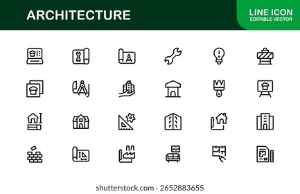 Architecture and Building Line Icon Set – Modern Professional Vector Icon Collection for Architects and Construction Design Projects