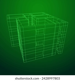 Architecture building. Modern house plan. Wireframe low poly mesh vector illustration.